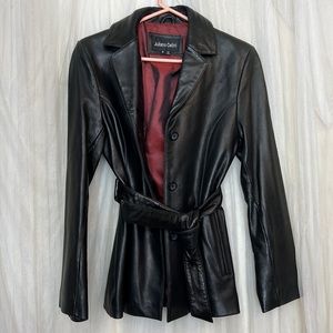 ⭐️  Juliano Celini black leather jacket coat button up waist tie pockets S